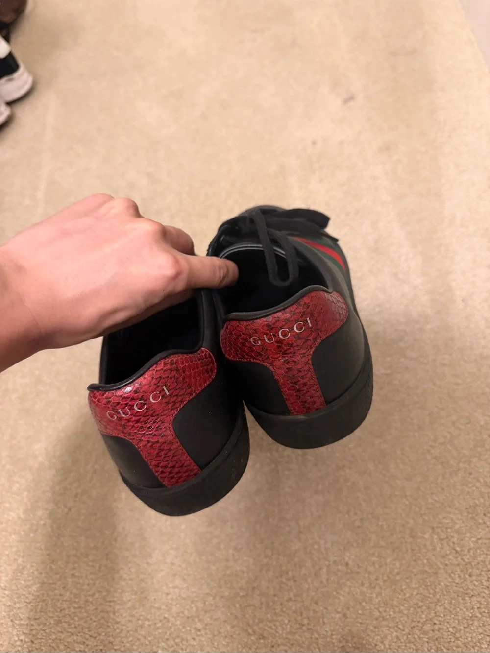 Gucci Black Leather Sneakers with Green and Red Web Stripe